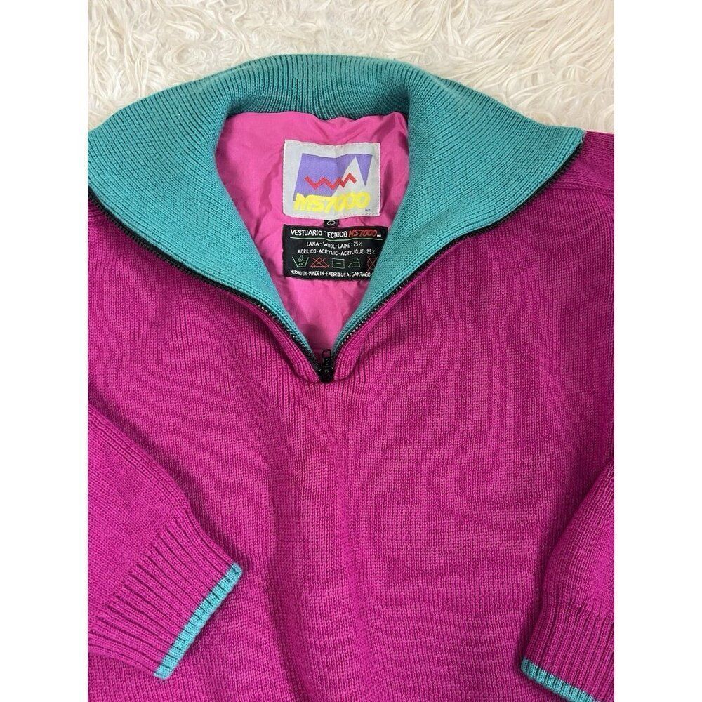 M57000 Vintage 80s Wool Retro ColorBlock Henley Tight Knit Fuchsia Pink Sweater - Picture 8 of 10